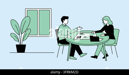 Man and woman sitting at a table discussing business documents in an office Stock Vector