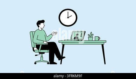 Man sitting at desk with computer and wall clock in office setting Stock Vector