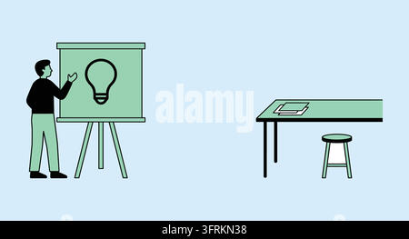 Business professional presenting bright idea on flipchart next to office table Stock Vector