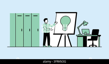 Man pointing at a lightbulb idea sketch on a whiteboard in office Stock Vector
