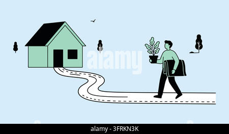 Person walking home with a potted plant and a suitcase flat design simple art Stock Vector