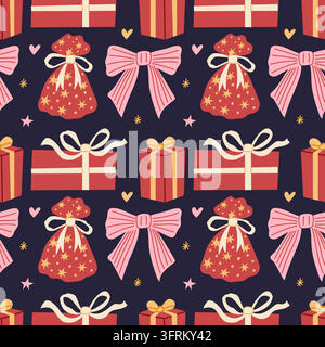Red Christmas Gift Boxes and Pink Bows Seamless Pattern Stock Vector
