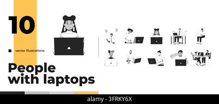 Diverse people using laptops for work and online tasks outline illustration pack Stock Vector