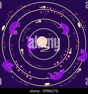 The Universe of Cats. Cats are like planets in orbit around the main star, fish, a ball of thread. Purple Print. Stock Vector