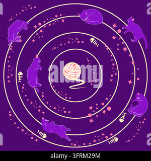 The Universe of Cats. Cats are like planets in orbit around the main star, fish, a ball of thread. Purple Print. Stock Vector