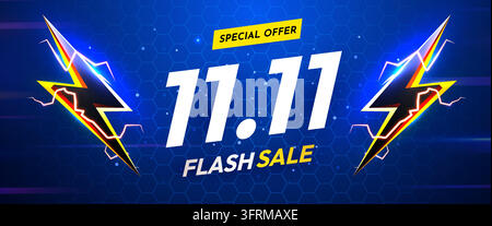 11.11 Flash Sale banner with lightning elements on a blue background. Vector illustration Stock Vector