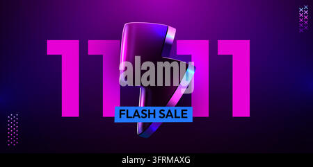 11.11 Flash Sale promotional banner with a 3D lightning bolt icon. Modern purple background. Vector illustration Stock Vector