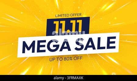 11.11 Mega Sale promotional banner with yellow background. Bright shopping template Vector illustration Stock Vector