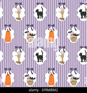 Halloween seamless pattern with stripes and frames, Jack-o-lantern pumpkin, cupcake, black cat and zombie hand for packaging, background, wrapping Stock Vector