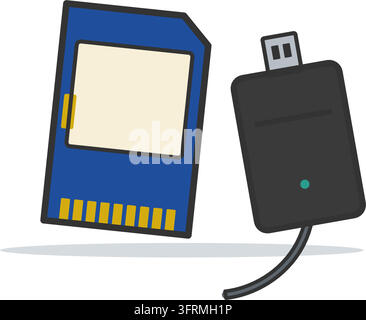 Flat vector illustration of an SD memory card with gold contacts beside a USB card reader with a cable, on white. Stock Vector