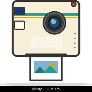 Flat vector illustration of a retro instant camera in cream printing a photo with a mountain picture, isolated on white. Stock Vector