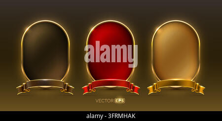 Set of three luxury golden oval frames with glowing borders and ribbons. Elegant design elements for premium labels or badges. Vector illustration Stock Vector
