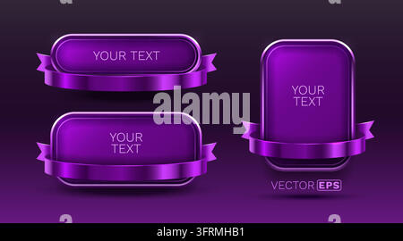Glossy purple badges with shiny ribbons for your text, ideal for sale labels, price tags, or modern banners. Vector illustration Stock Vector