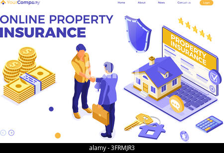 Online Propery House Insurance Isometric Concept with Home Insurance Policy on screen laptop, people handshake, money, key and shield. landing page te Stock Vector