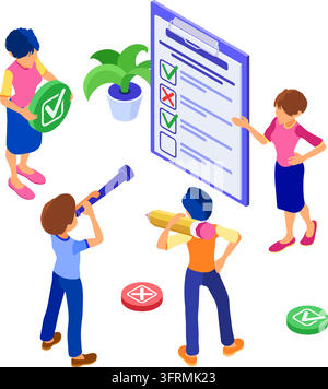 Survey or test banner with isometric characters. feedback rating. man and woman questionnaire form on clipboard. survey research. isolated isometric v Stock Vector