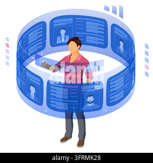 Isometric job agency employment, human resources, resume and hiring concept. Resume on flexible transparent screen. applicant post resume. isolated ve Stock Vector
