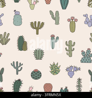 Green succulents seamless pattern. Cactus with flowers, succulent, blooming green desert plants. Decorative print for fabric, wrapping, vector Stock Vector
