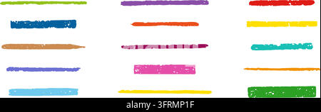 Grunge lines crayon pencil drawing. Isolated colorful stripes with torn texture. Highlighters, dividers, decorative art stripe different widths Stock Vector