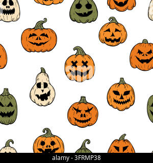 Spooky pumpkins seamless pattern. Different pumpkin with creepy faces, Halloween decoration. Decorative art printable template for textile, wallpaper Stock Vector