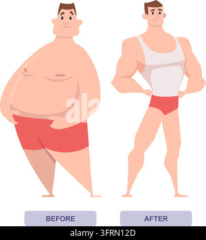 BEFORE and AFTER weight loss man body transformation from fat to muscular cartoon vector illustration Stock Vector