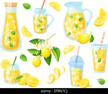 Homemade lemonade. Lemon fresh juice in glass pitcher, carafe bottle jug jar cold summer citrus drink detox cocktail ice mint soda water cup cartoon set neat vector illustration original artwork Stock Vector