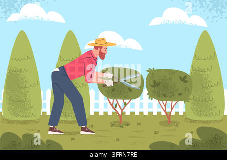 Gardener trimming bush. Man pruning hedge tree on home back yard, working summer garden landscaping service maintenance fermer backyard worker cartoon vector illustration original artwork Stock Vector