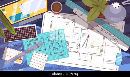 Architect desk. Architecture workplace table top pov view, blueprint house project building plan apartment interior construction home renovation design vector illustration original artwork Stock Vector