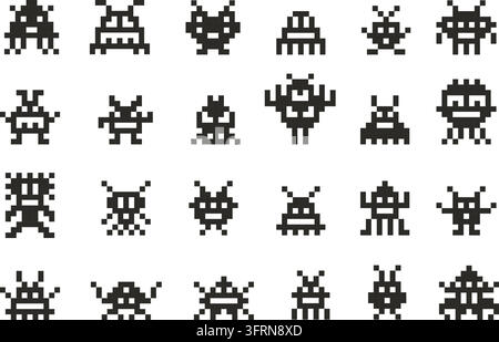 Pixel invaders. Retro space game art, alien robot monster ufo arcade 8bit icon rocket video vintage galaxy screen poster shooting virus old computer bit ship vector illustration original artwork Stock Vector