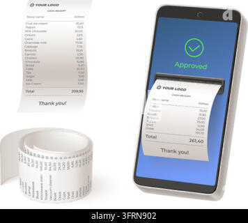 Smartphone receipt. 3d phone mobile payment paper bill, digital pos terminal check invoice online card pay bank transfer financial store concept realistic vector illustration original artwork Stock Vector