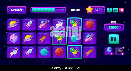 Space game match three. Alien planet astronaut crush puzzle ui icons, cosmic galaxy spaceship rocket ufo slot button mobile app design gaming interface cartoon vector illustration original artwork Stock Vector