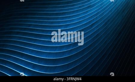 Abstract blue metal background with luminous curved lines sweeping across a dark brushed surface and brightening toward the upper right. Stock Photo