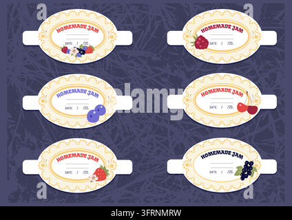Vector printable jam label template featuring an elegant white lace pattern. Decorated with colorful summer berries. Stock Vector