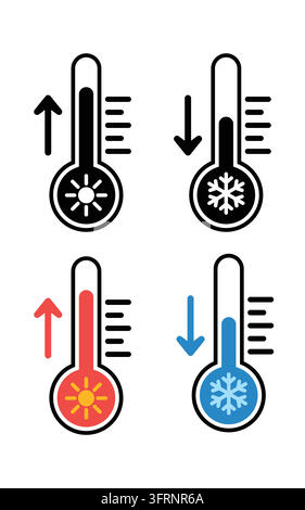 Thermometer icons set with sun and snowflake symbols, indicating temperature rise and fall. Hot and cold weather concept. Vector illustration. Stock Vector