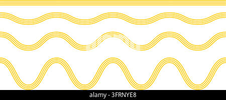 Yellow straight and curvy pasta lines isolated on white background. Set of spaghetti, ramen or noodle textures. Borders or dividers for Italian food restaurant design. Vector flat illustration. Stock Vector