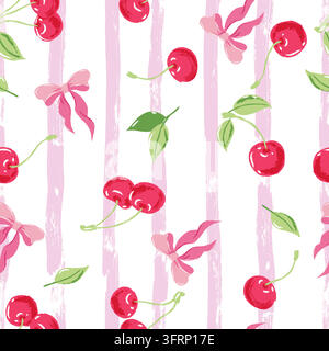 Vector sweet summer seamless pattern with cherries and pink bows. Hand drawn design with red berries and leaves on striped background. Wrapping paper, Stock Vector