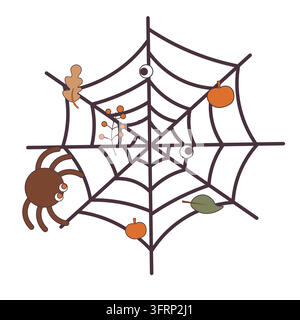 Halloween spiderweb with a cute brown spider, small pumpkins, autumn leaves and berries Stock Vector