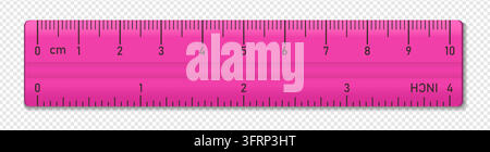 Pink realistic horizontal plastic tape ruler isolated on transparent bg. Double sided rulers 10 centimeter and 4 inch scale measurement. Vector png il Stock Vector