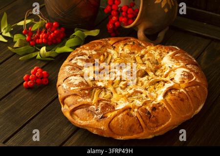 Traditional homemade pumpkin autumn pie decorated by apple and rowing berries Stock Photo