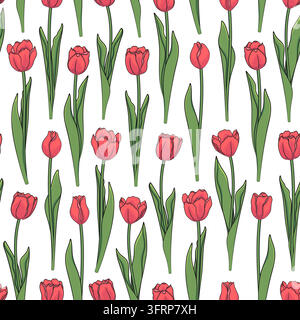 Seamless pattern with red tulips. Vector color background. Stock Vector