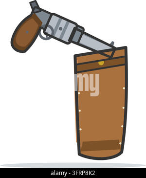 Flat vector illustration of a western revolver with a walnut grip beside a tooled brown leather holster, isolated on a white background. Stock Vector