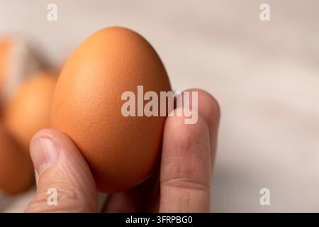 Man's hand with an egg on a blue background Stock Photo