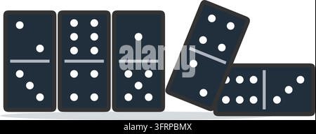 Flat vector illustration of black domino tiles with white pips in a falling row, one tipping over and one fallen, isolated on a white background. Stock Vector