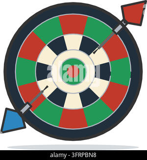 Flat vector illustration of a classic dartboard with red and green scoring rings, a red bullseye and two darts, isolated on a white background. Stock Vector