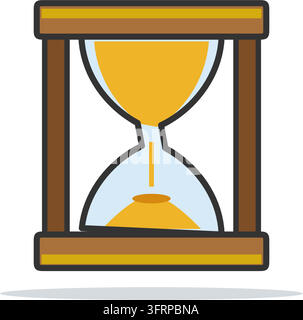 Flat vector illustration of a wooden hourglass with glass bulbs and golden sand trickling through its narrow neck, isolated on a white background. Stock Vector