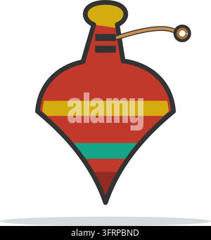 Flat vector illustration of a traditional wooden spinning top toy with a red banded body and pull string, isolated on a white background. Stock Vector