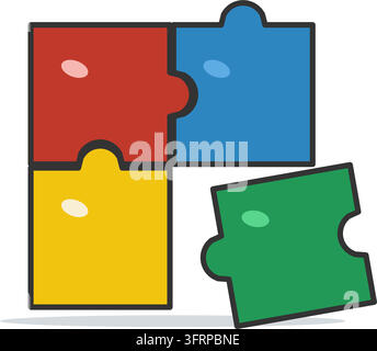 Flat vector illustration of interlocking jigsaw puzzle pieces in red, blue, yellow and green, isolated on a white background. Stock Vector