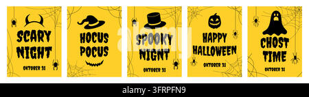 Set of 5 Halloween party invitations with holiday text. Black and yellow designs with pumpkin, ghosts, hats, devil horns. Stock Vector