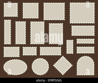 Vintage postage stamp frame collection with perforated edges in multiple rectangular and geometric shapes, blank labels and photo borders for Stock Vector