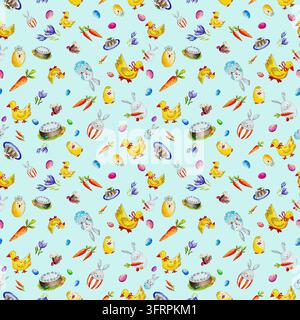 Seamless watercolor Easter pattern with rabbits, eggs, ducks, flowers and carrots, hand drawn isolated on light blue background Stock Photo