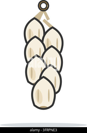 Flat vector icon of a garlic braid with seven cream bulbs plaited along a stem, rustic farmhouse storage decoration isolated on white background. Stock Vector